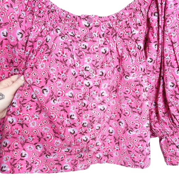 Free People Women's James Smock Pink Floral Quarter Sleeve Cropped Button Blouse - Picture 6 of 16